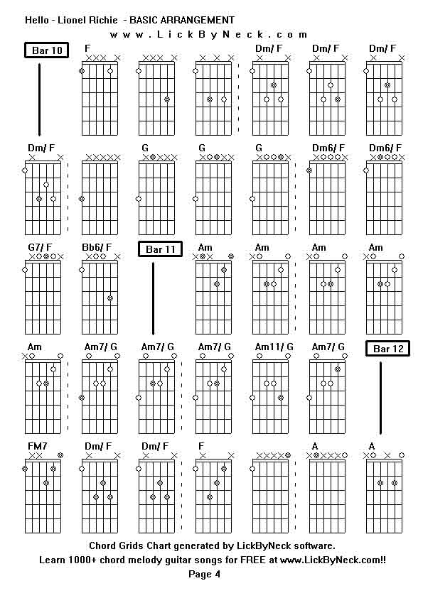 Chord Grids Chart of chord melody fingerstyle guitar song-Hello - Lionel Richie  - BASIC ARRANGEMENT,generated by LickByNeck software.